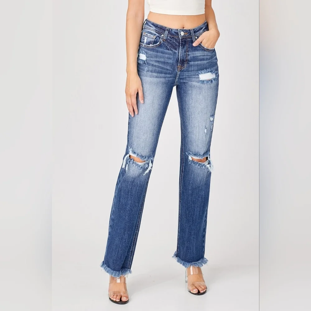 RISEN Torn High-Rise Distressed Jeans Retro Straight Leg Classic Denim Pants_7